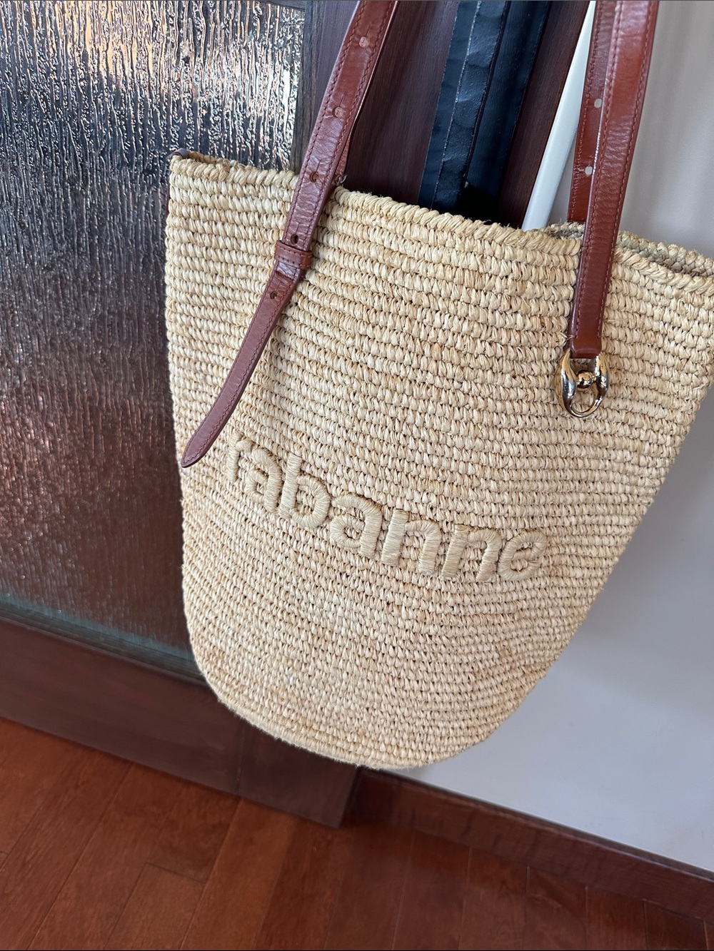 Paco Rabanne Natural Woven Tote with Brown Leather Straps - Picture 6 of 10
